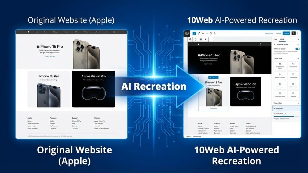 10Web AI builder recreating a website layout in WordPress