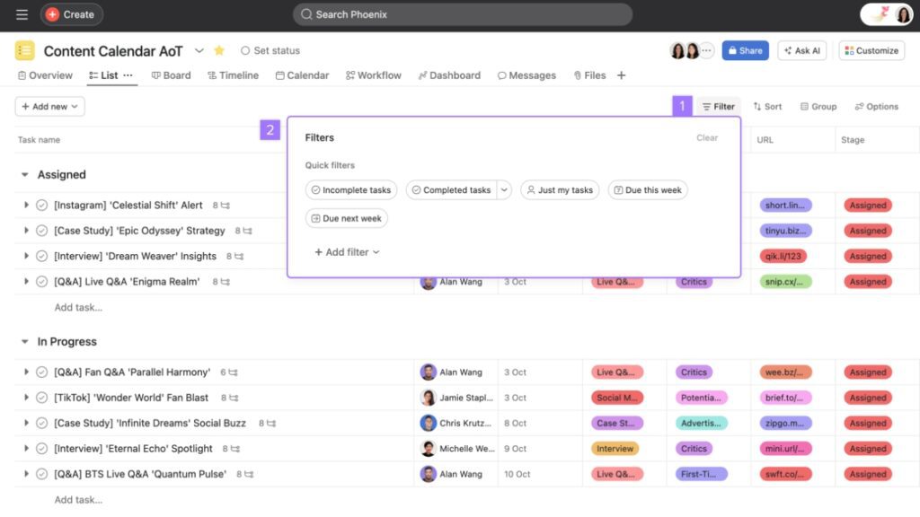 An example of an Asana list view interface