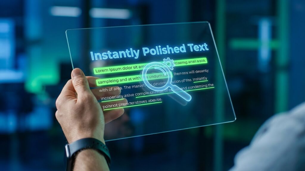 Hand holding digital screen showing AI proofreading text with green highlights