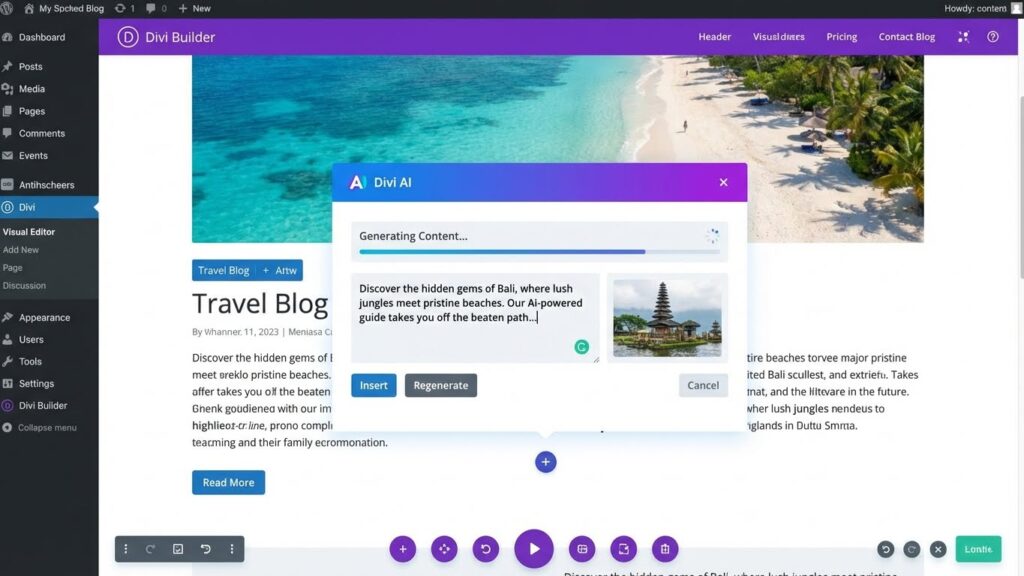 Divi AI generating content inside WordPress
