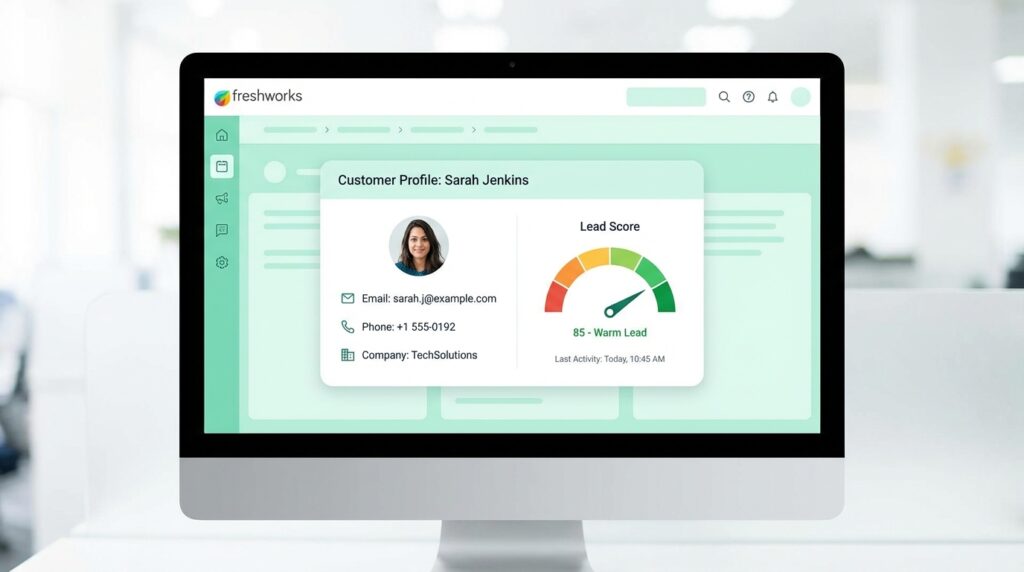 Freshsales CRM interface showing customer profile and AI score