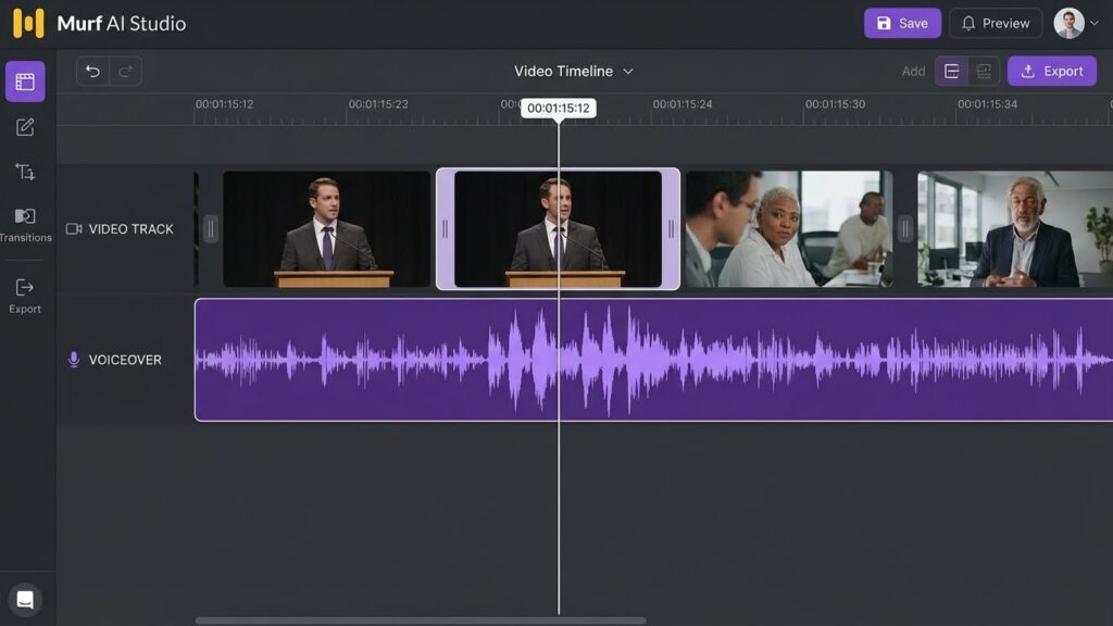 Murf AI studio interface for syncing voiceovers with video