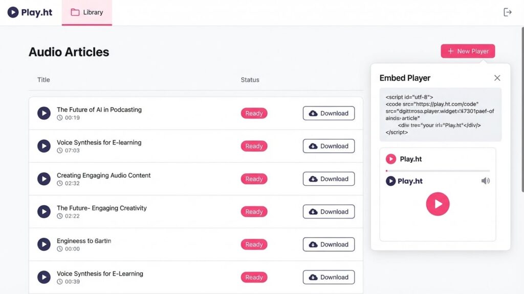 Play.ht interface for creating audio articles and podcasts