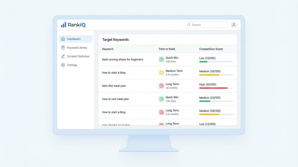 RankIQ dashboard showing low competition keywords