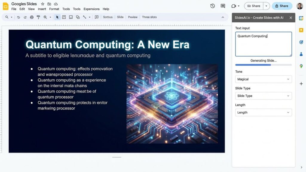 SlidesAI extension generating slides inside Google Slides