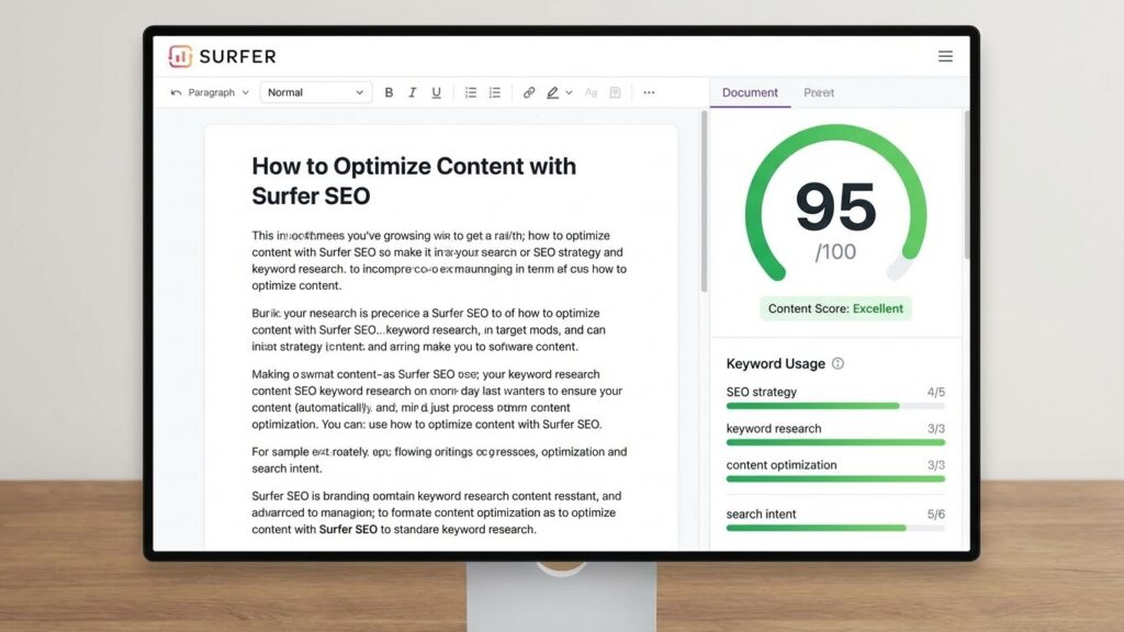 Surfer SEO interface showing high content optimization score