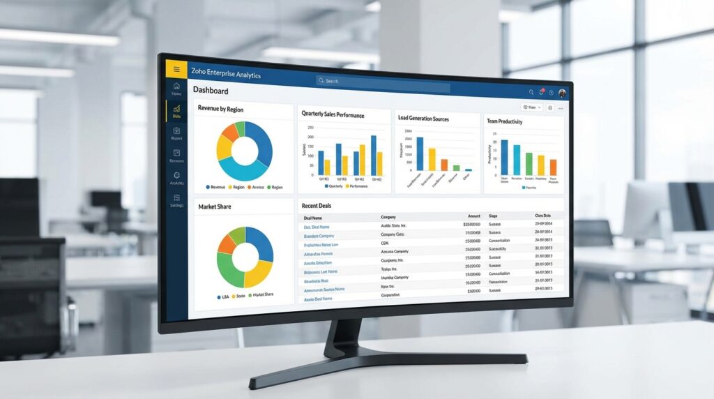 Zoho CRM dashboard with complex analytics and charts