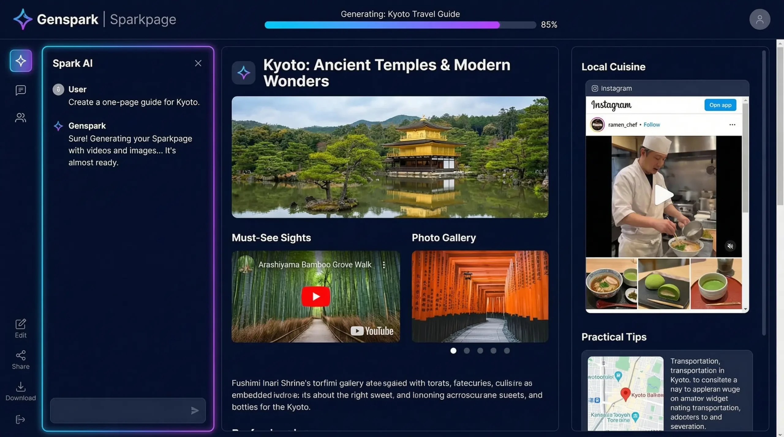 Genspark creating a visual sparkpage