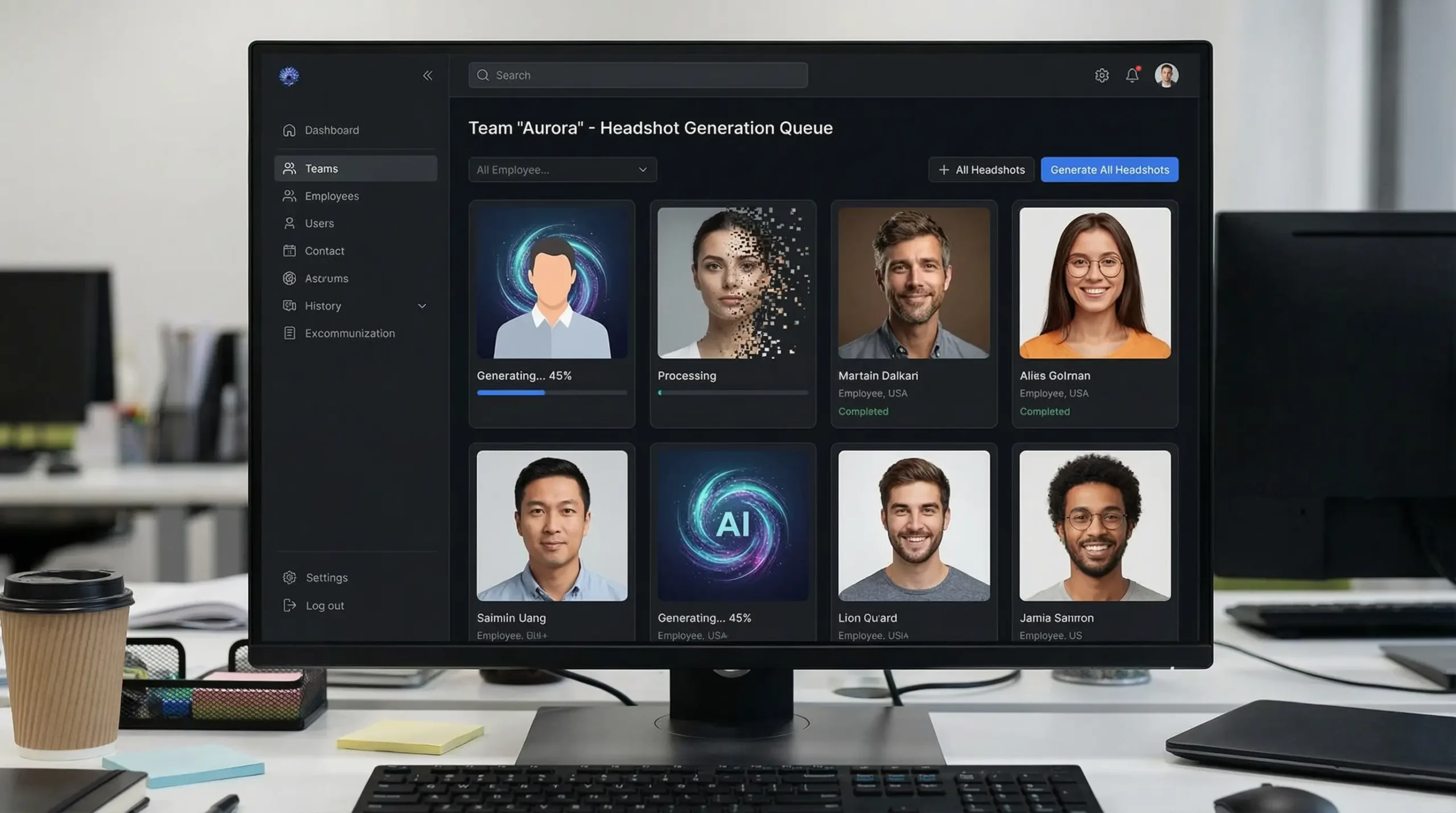 HeadshotPro team management dashboard