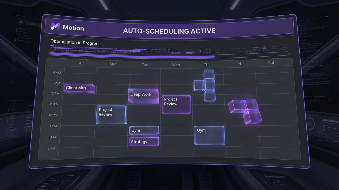 Motion app AI calendar interface showing auto-scheduling features