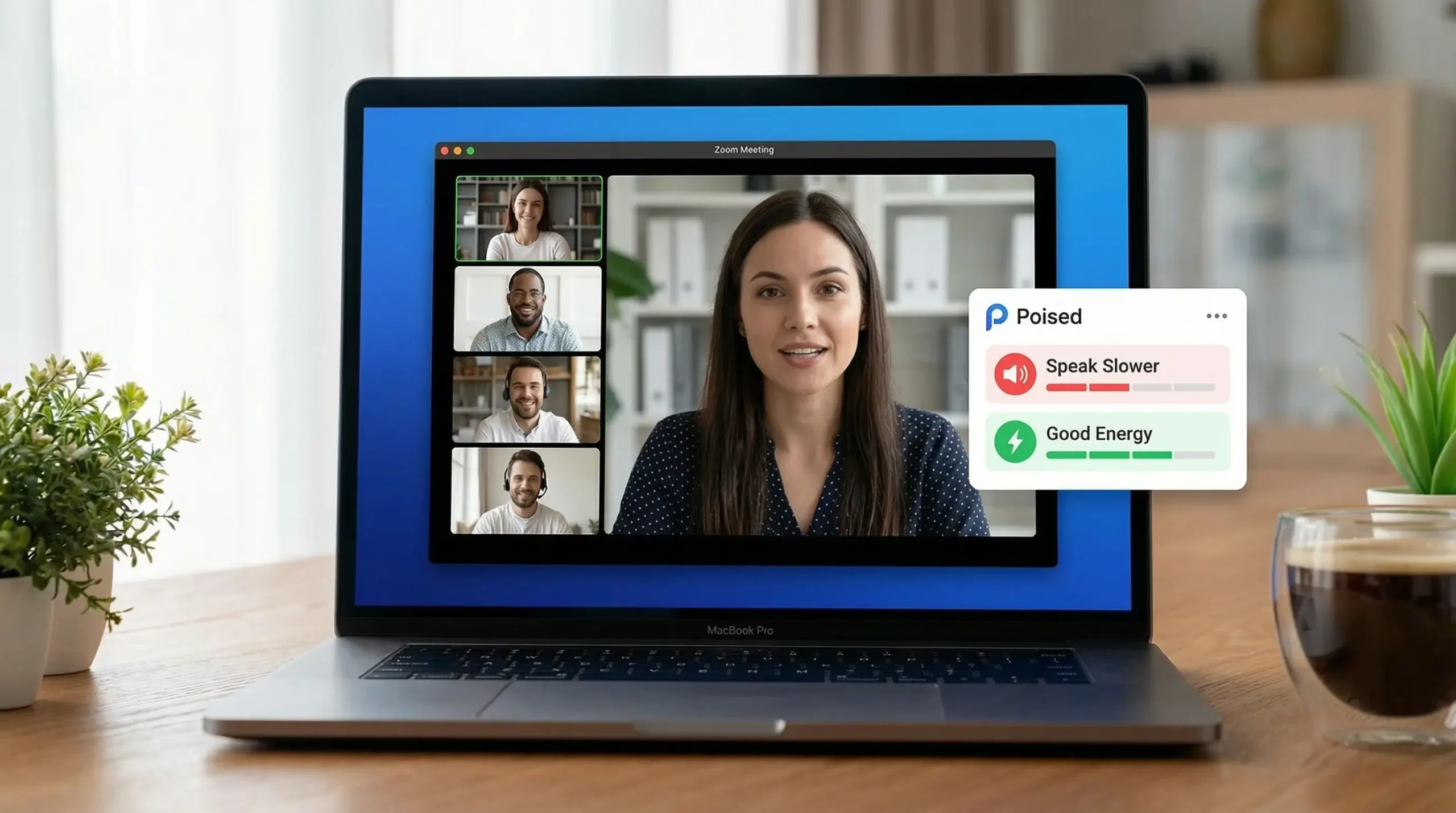 Poised AI giving feedback during a meeting