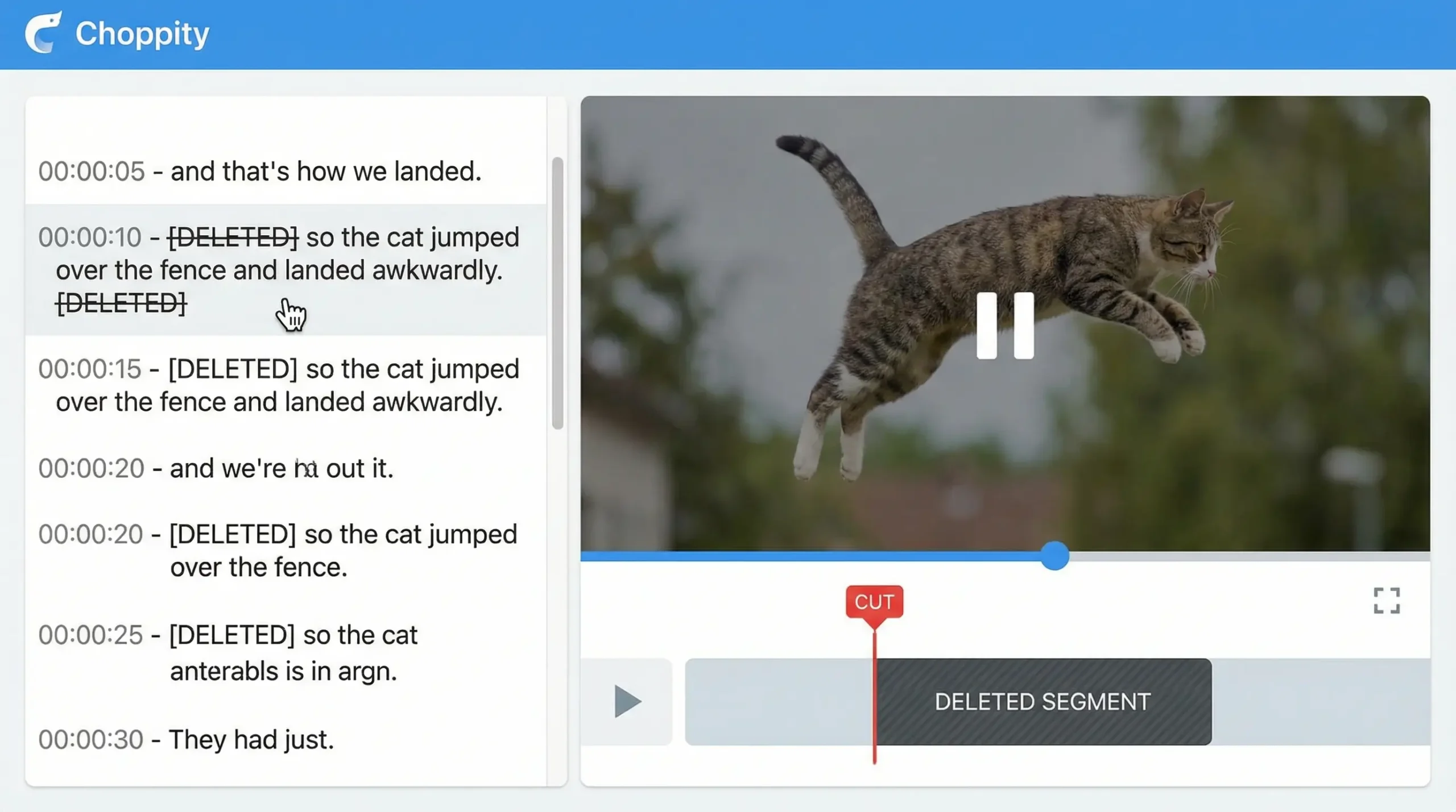 Choppity text-based video editor interface