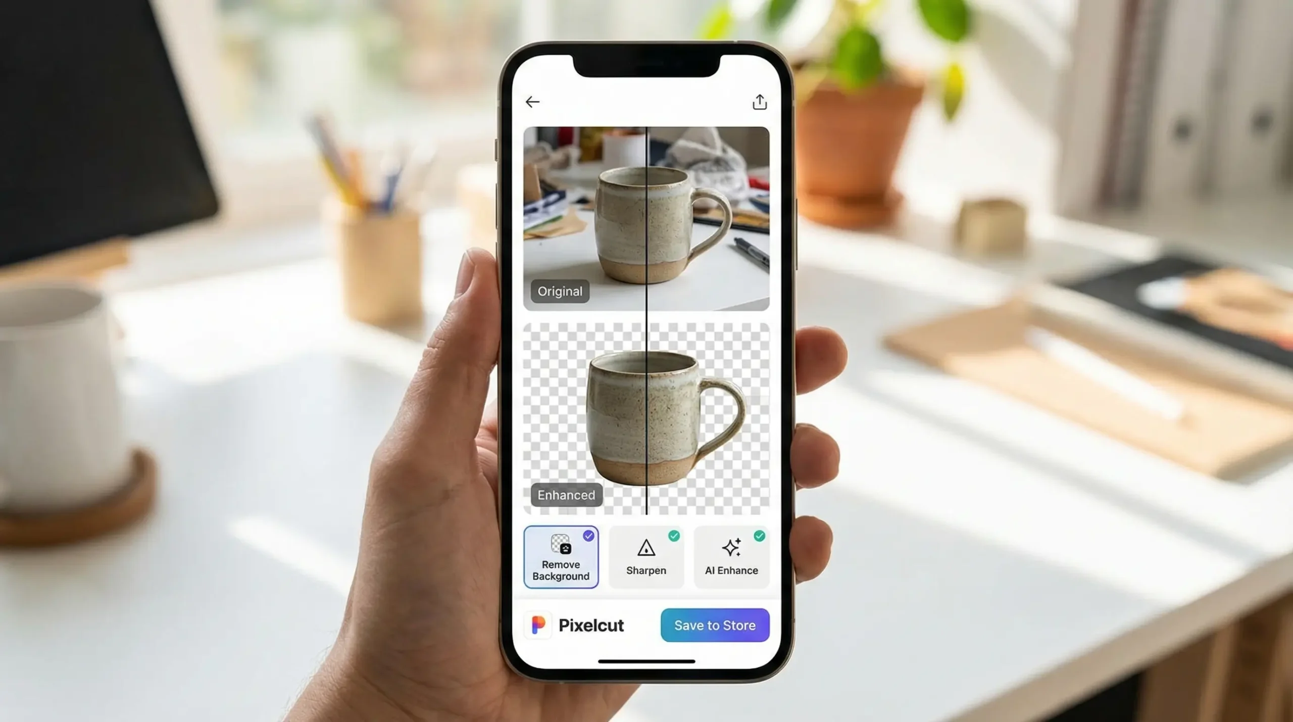 Pixelcut tool enhancing product photo for e-commerce