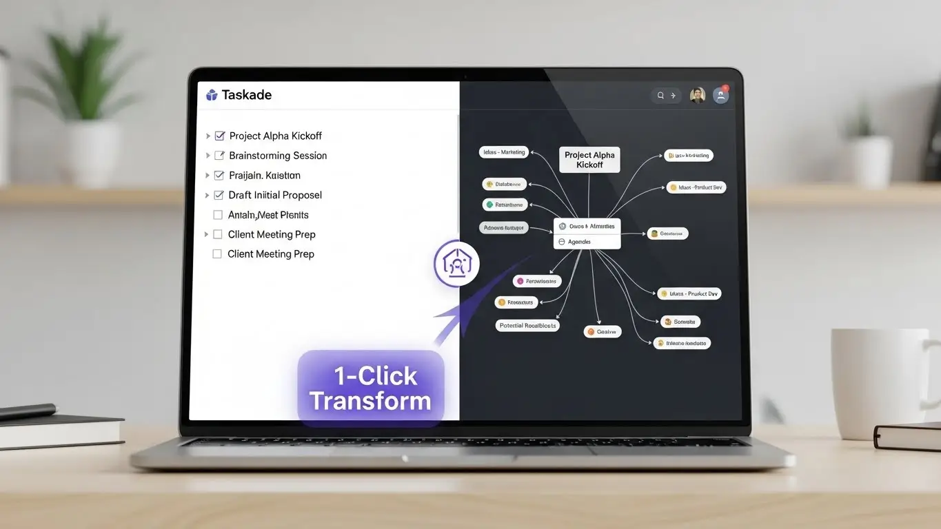 Taskade AI project view switching from list to mind map
