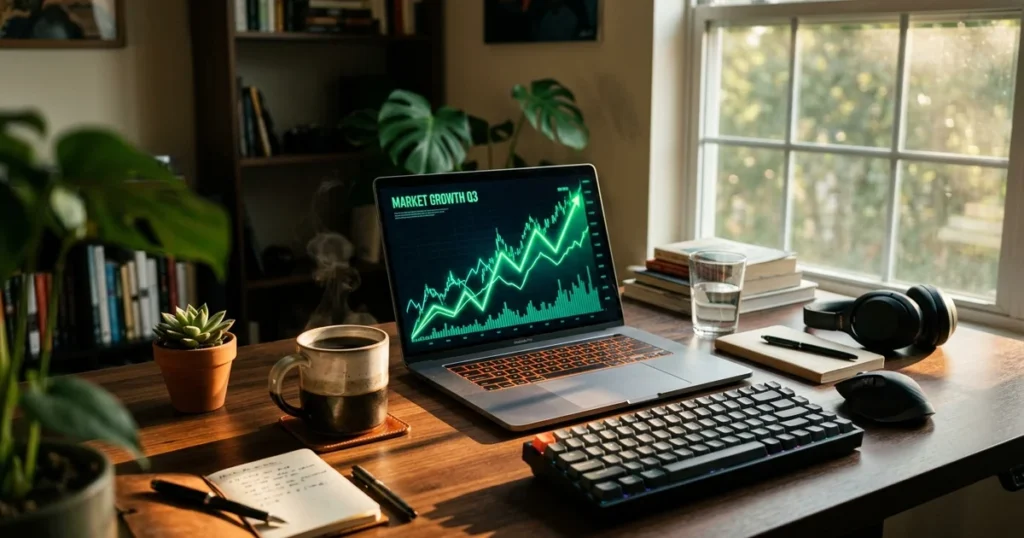 AI cold email tools - A solopreneur smiling while looking at high email open rates on a modern monitor