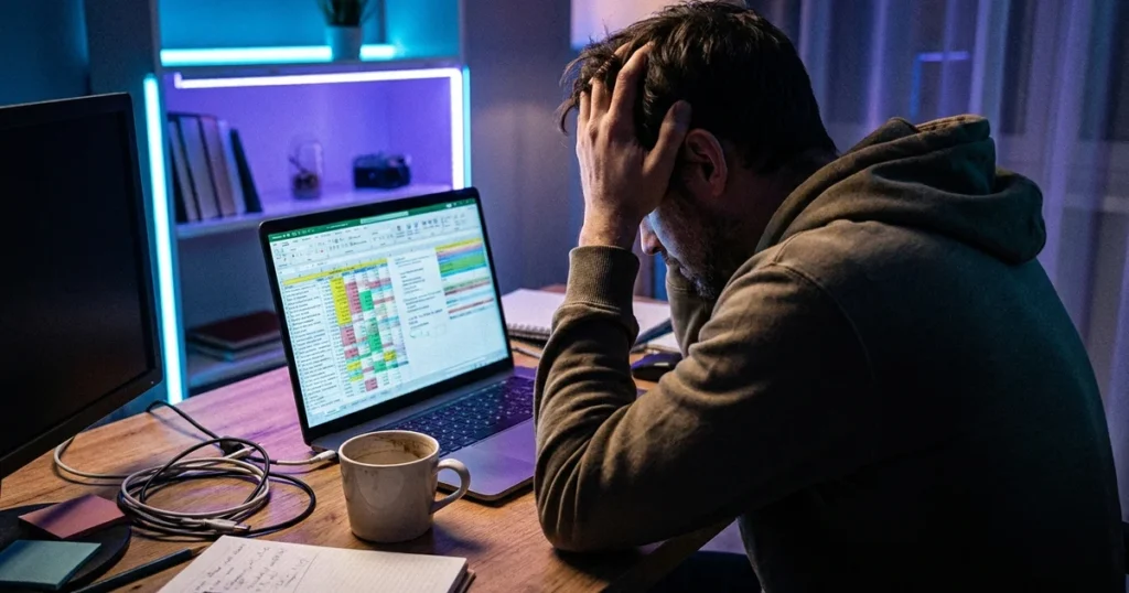 AI influencer marketing tools - Person frustrated looking at a messy spreadsheet of influencers on a laptop